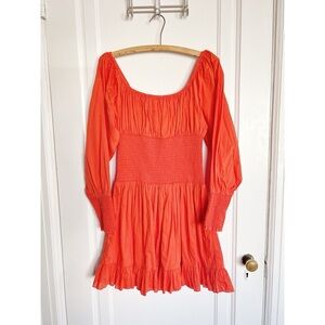 Cleobella • Smocked Mini Dress orange cotton peasant scoop neck ruffle boho